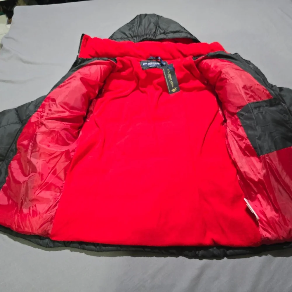 U.S. Polo Assn. Puffer Jacket Kids Size L 14/16 Black Red Fleece Lined Hooded